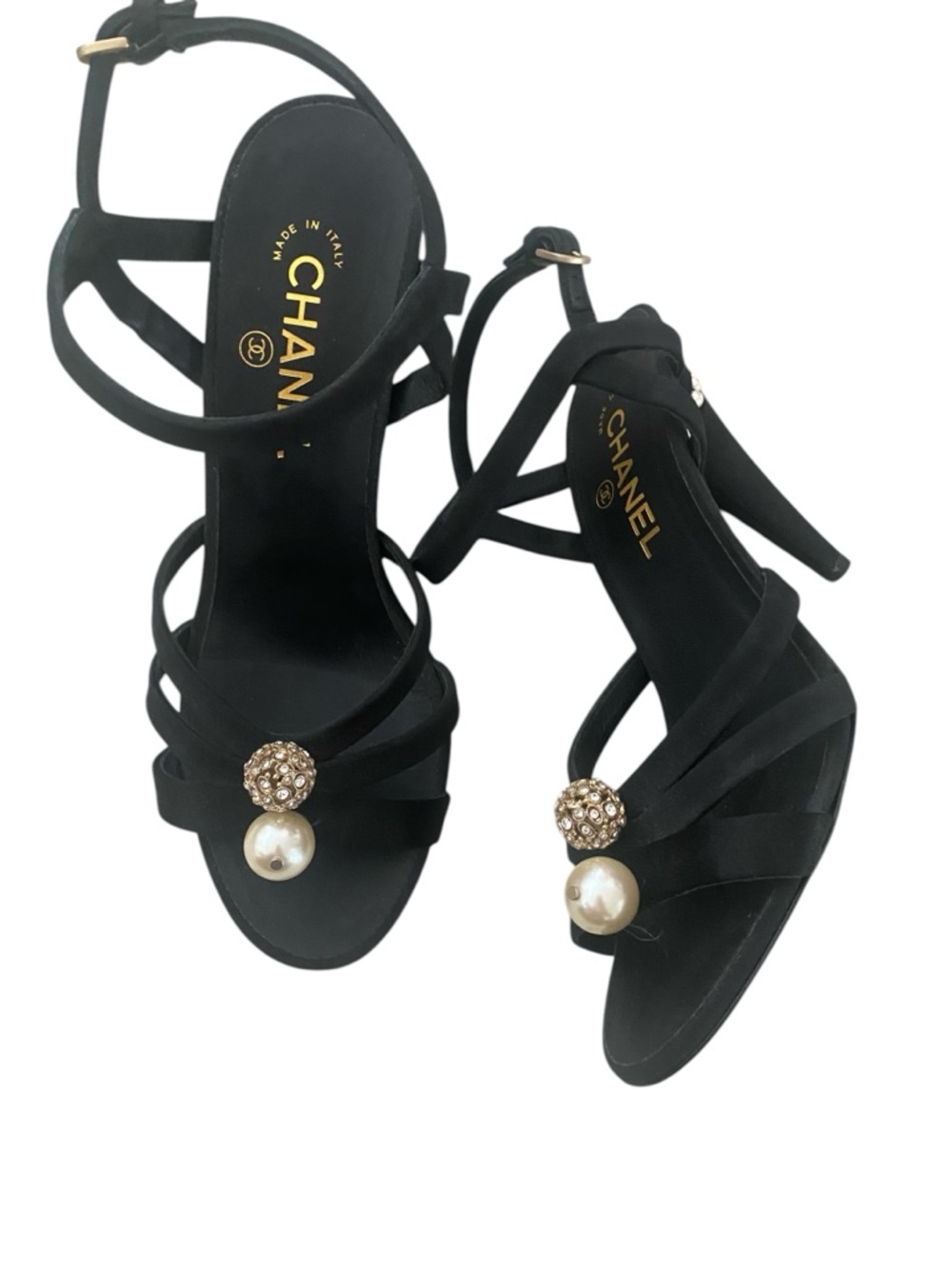 CHANEL Black Satin Strappy Heels with Pearl & Crystal Ornaments size 40